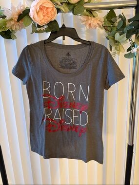 Born Disney Raised Disney Gray Graphic Tee with Red Glitter Logo